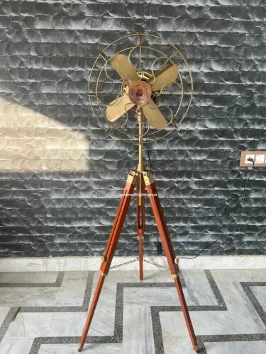 Modern Cooling Decor for Bedroom Pedestal Brass Fan Adjustable Wooden Tripod - Picture 2 of 5