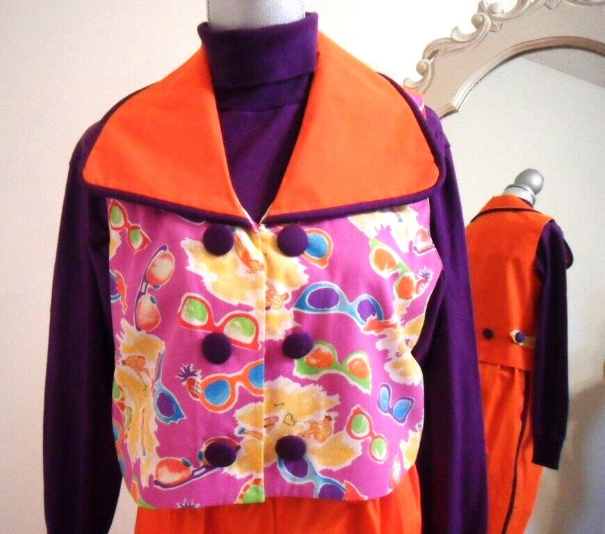 Disfraz de payaso profesional, traje naranja y morado 3 piezas, tema gafas de sol, pequeño Foto 3 de 4