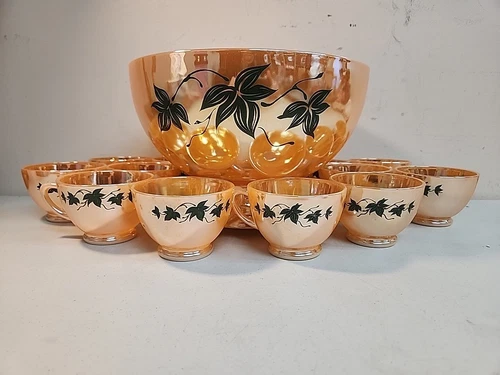 Vintage Anchor Hocking Fire-King Glass Peach Lustre Leaf Punch Bowl And Cups Lot