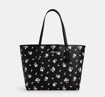 COACH City Tote With Floral Print フラワートートバッグ CP073 ☂️🍄Coach City Tote Bag With Floral Print Silver/Black