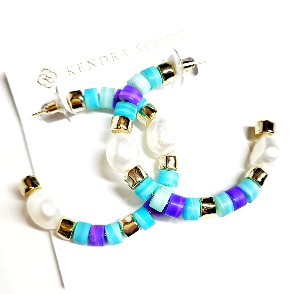 Pendientes de aro Kendra Scott con cuentas mezcla azul aguamarina howlite enchapados en oro de 14 k nuevos con etiquetas Foto 3 de 4