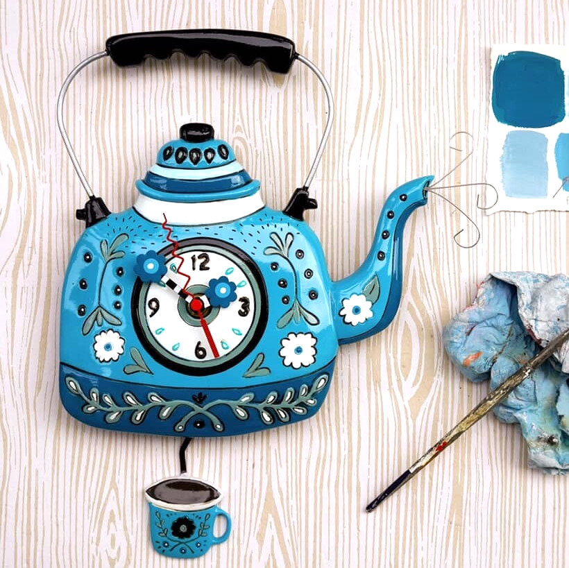 ღ New ALLEN DESIGNS Swing Pendulum Wall Clock BLUE KETTLE Tea Coffee Cup Teapot