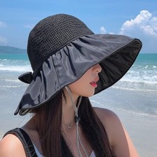 Damen Strohhut Sun Cap Mit Schleife Breitkrempe UV-Schutz Strand Sommer Freizeit