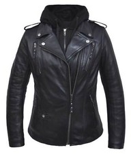 Unik Women's Premium 3-in-1 Hoodie Lambskin Leather Motorcycle Jacket - Black