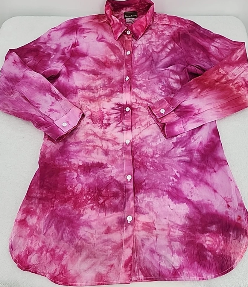 Tommy Bahama Crinkled Women XL Boyfriend Shirt Swim Cover Up Procion Ice Tie Dye - Image 2 of 4