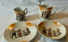 3 Pc Vintage Child's Dinnerware Set Kid's Games Bowl Cup Plate  Crack Pitcher