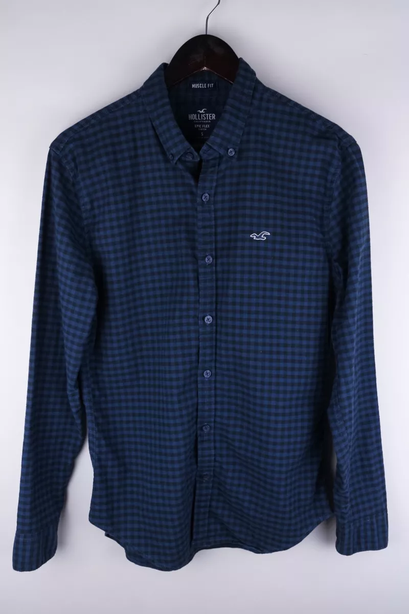 Hollister EPIC FLEX STRETCH Men Casual Shirt Blue Check Cotton Blend size S