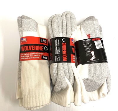 6 Pairs Wolverine Full Cushion Men's Boot Socks, Large (men's shoe size 9-13)