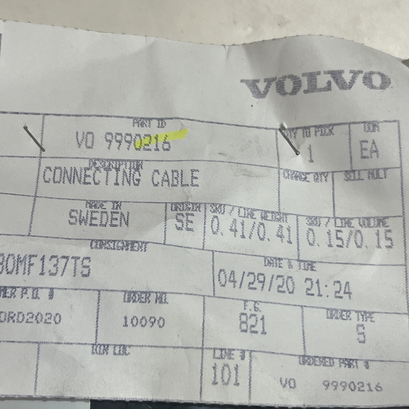 Volvo 9990216 - CONNECTING CABLE, Made In Sweden. New & Free 