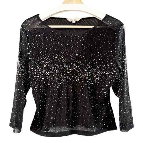 Blusa transparente de colección Cartise para mujer XL negra malla lentejuelas elástica manga 3/4