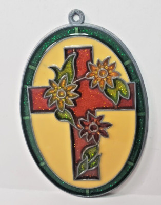 Sun Catcher Holy Cross Floral Flowers Religious Easter Stained Glass Vintage