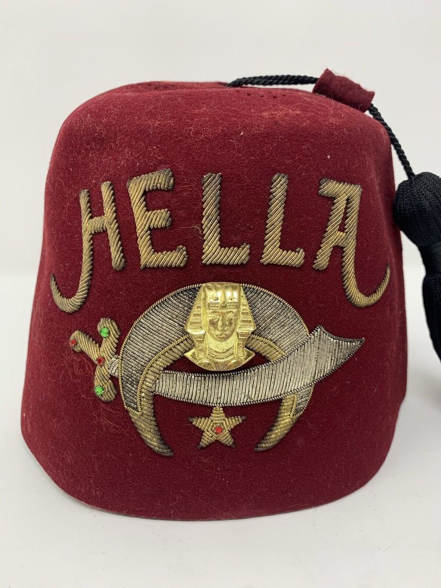 Vintage “HELLA” Fez & Carrier Antique 1890-1920s Hella Shriners Fez Maroon Wool Hat by the  main image 3