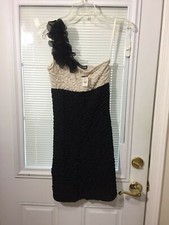 NWT Lipstick Women's Black & Ivory One Shoulder Ruche Dress Slight Stretch Sz S