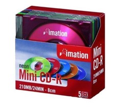 5 Pz. Imation neon mini CD-R 210 Mb/24 min di CD c/custodia gioiello col.ass.ti