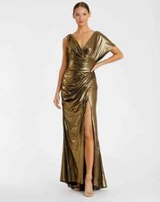 498 New Ieena for Mac Duggal Gold Asymmetrical Draped Metallic Trumpet Gown 4