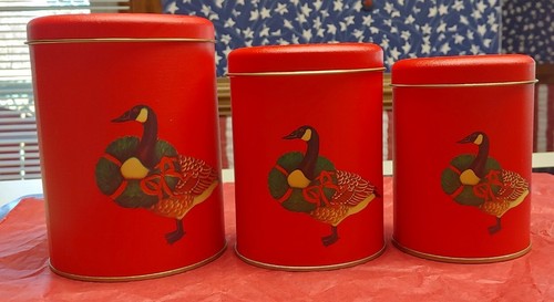 Bidoni di immagazzinaggio rossi 3 pezzi in metallo anatra, piccoli Med e LG. Nuovo. - Foto 17 di 19