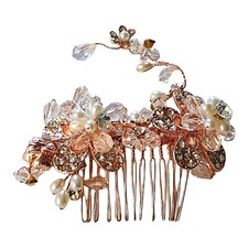 Hair Comb Flower Brushed Gold and Ivory Pearl and Crystals 4in