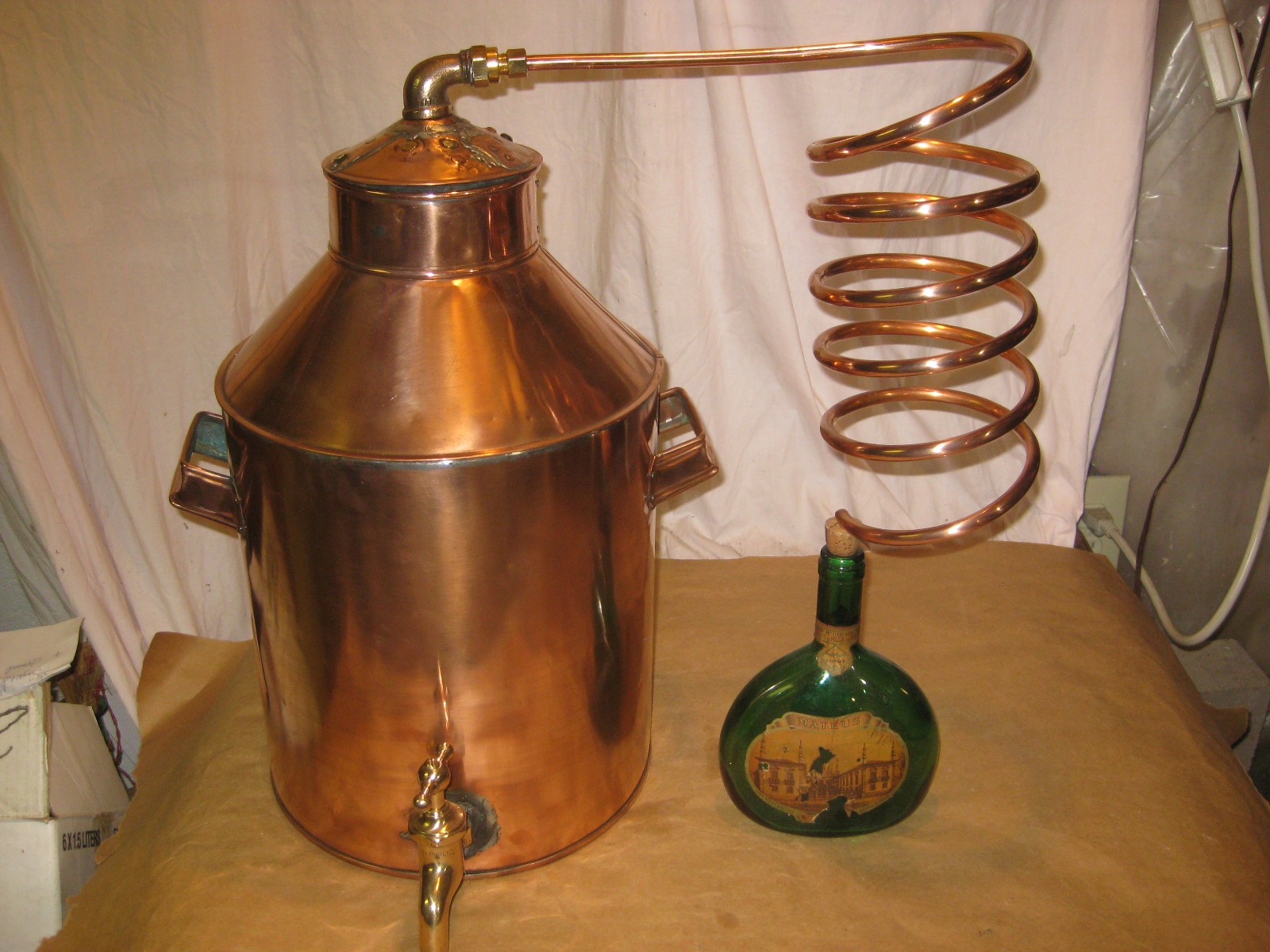 Antique 5 Gal Copper Moonshine Still +Coil + Spigot +RARE OLD MATEUS BOTTLE LQQK