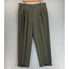 Perry Ellis Portfolio Olive Brown Dress Pants Pleated Cuffed Career Mens 38 x 34
