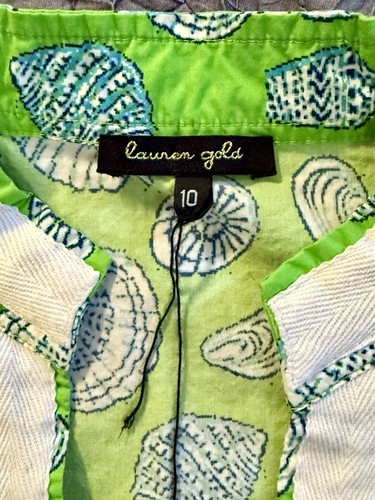 Vtg Lauren Gold Tunic Dress Lime Green Seashell Print Cotton Resort Beach Sz 10 - Picture 5 of 12