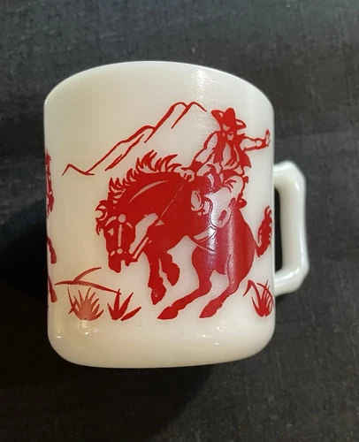 VINTAGE Hazel Atlas Milk Glass Child's Mug Cowboys and Indians D Handle