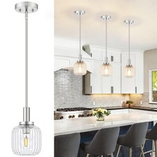 Brushed Nickel Pendant Lights Kitchen Island, 1-Light 5.9" Modern Glass Penda...