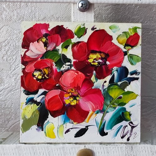 Original oil painting Red Poppy flowers artwork Floral mini wall art 4*4 inch - Picture 10 of 12