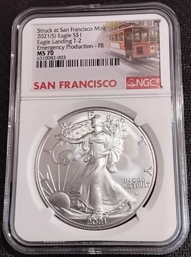 2021 (S) Struck at San Francisco Emergency Production Silver Eagle T-2, NGC MS70