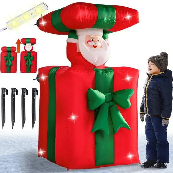 Père Noël gonflable 152cm avec paquet cadeau rouge et blanc pour jardin