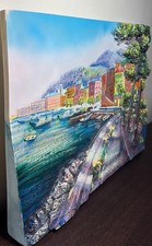 3D Textured Mediterranean Coastal Village Wall Art Relief Painting Tile 12x16