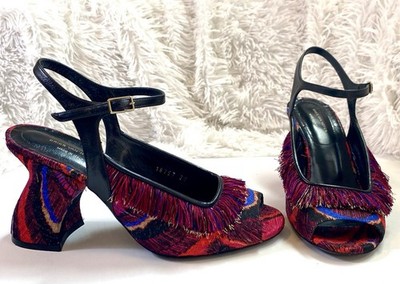 DRIES VAN NOTEN Runway AW15 Brocade Fringe Open Toe Sling Back Block Heels Sz 38