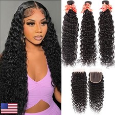 Water Wave Bundles with Closure 10A Brazilian Virgin Curly Hair 28 28 28 20