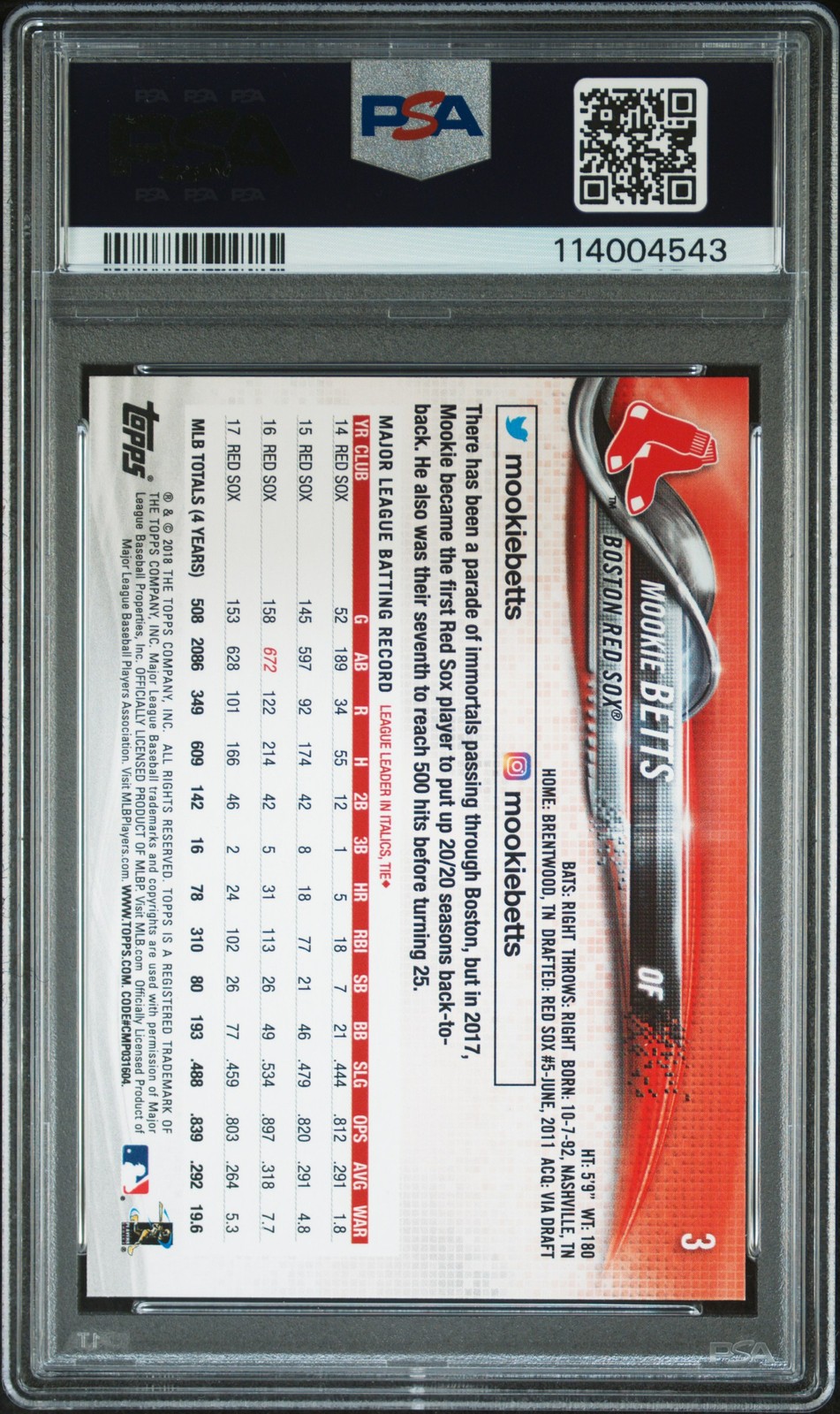 2018 TOPPS NEW ERA #3 MOOKIE BETTS PSA 8 view 2