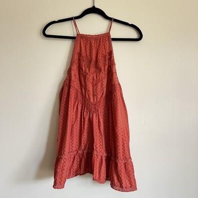 FREE PEOPLE Elisa Tunic Lace Top Paprika Strappy Orange Size MED Boho Cottage