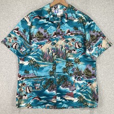 Vintage RJC Hawaiian Shirt L Blue Lightweight USA Ocean Beach Button Up