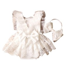 Newborns Lace Romper and Headband Baby Girls Photoshoots Dress with Headwear