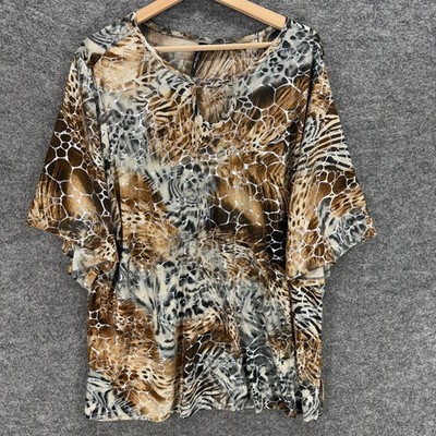 Cathy T-Shirt Women 2X Plus Brown Animal Print Short Sleeve Round Neck Casual