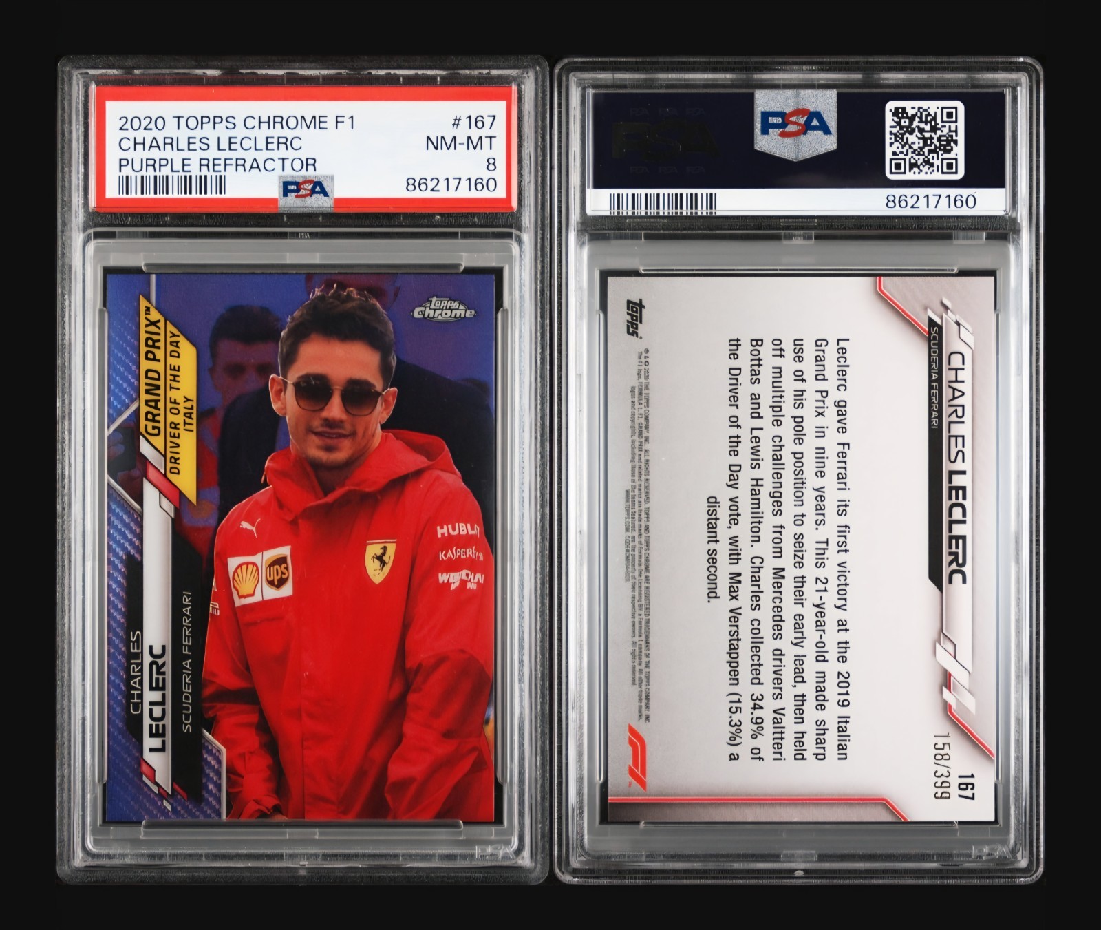 2020 TOPPS CHROME FORMULA 1 #167 CHARLES LECLERC PURPLE REFRACTOR PSA 8 view 3