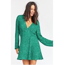 Show Me Your MuMu Phyllis Emerald Beaded Sequins V-Neck Wrap Mini Dress size XS