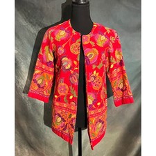 Coldwater Creek Jacket PXS Linen Blend Red Floral Paisley Print 3/4 Sleeve Open
