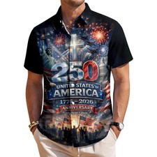 Hawaiian American Flag Shirt Patriotic Button Up Holiday Travel