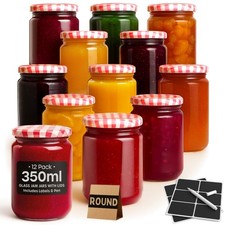 Round Jars Glass Jam Marmalade Chutney Honey Pickling With Lids 350ml 12 Pack