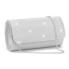 Rhinestone Evening Clutch Purse Silver Sparkling Wedding Party Bag w/ Chain