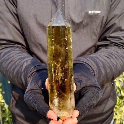 358G Natural Clear Yellow Crystal Obelisk Quartz Energy Tower Point Reiki Heal