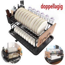 2-Tier Dish Drainer with Cup Holder,Utensil Holder,Draining Board-360° Drainage