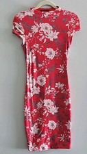 Joe & Elle Red Floral Bodycon Crew Neck Short Sleeve Midi Dress S