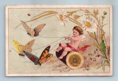 Advertising TRADE CARD Merrick Thread Co F W Higby Six Cord Spool Butterflies