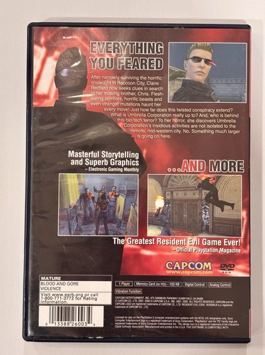 PS2 Resident Evil Code Veronica Greatest Hits case with red spine, Capcom logo, and character art.