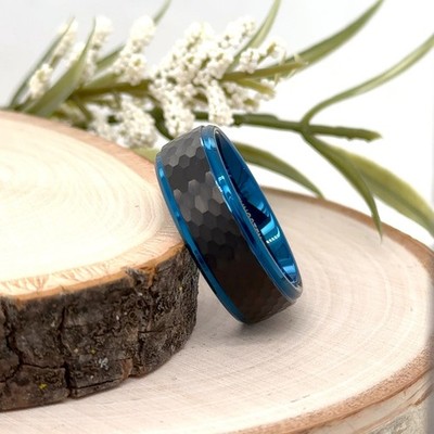 Women s 8mm Black Tungsten Ring Hammered Texture with Blue Enamel Christmas Band