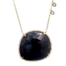 Rose Cut Sliced 32 CT Blue Sapphire 0.50 CT Diamonds 14K Yellow Gold Necklace